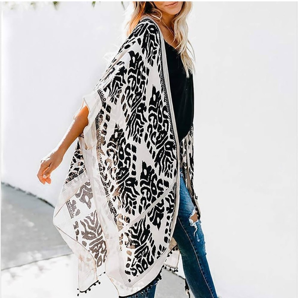 Print Kimono w/ Tassel Casual Cardigan Loose Boho Beach C…